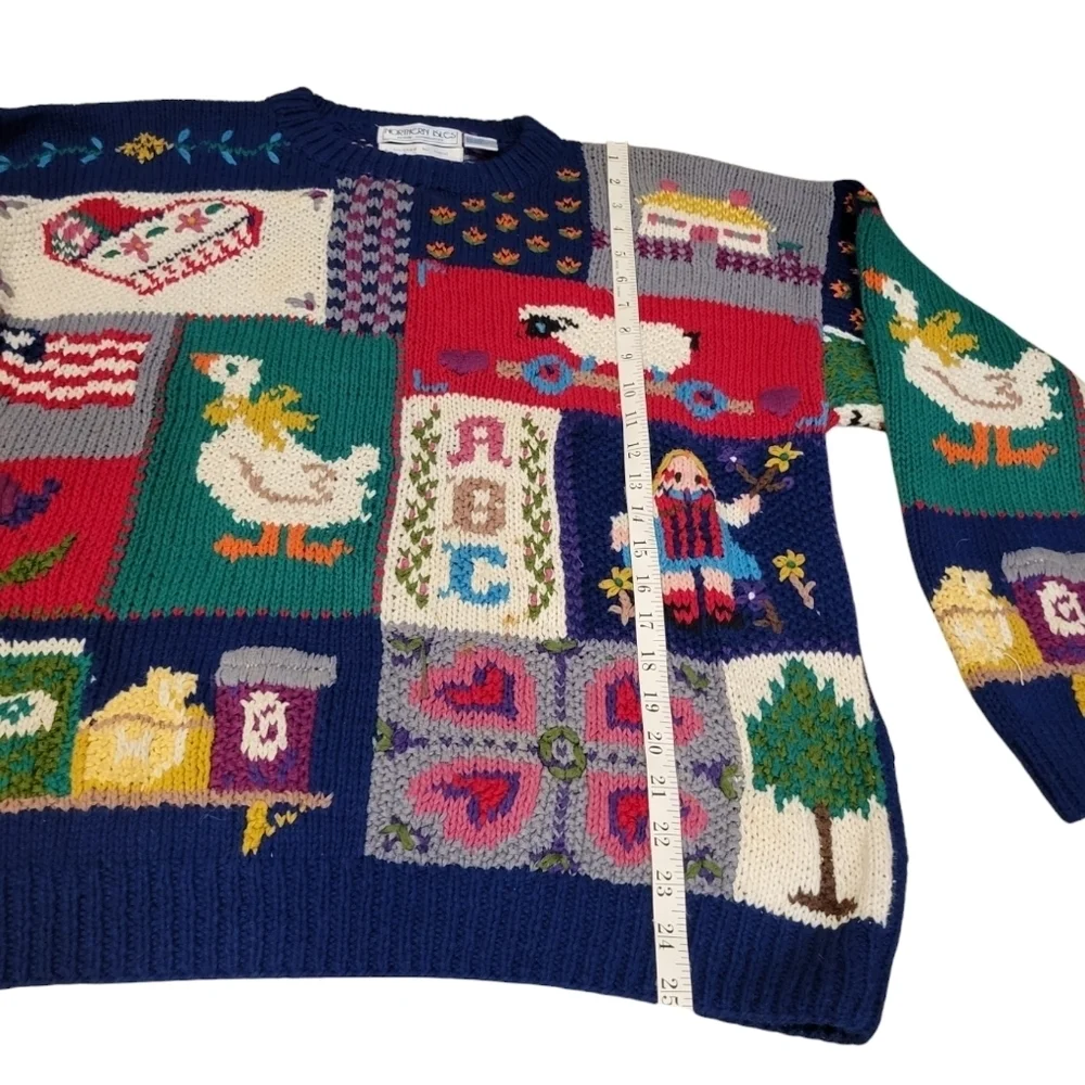 Vintage Northern Isles Hand Knit Granny Nursery Rhyme Patchwork Sweater SZ Large - Picture 6 of 11